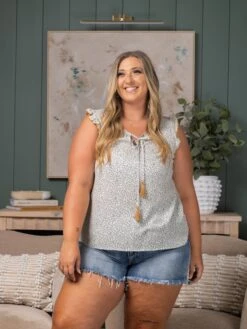 Ditsy Floral Print Top W/ Mini Ruffle And Front Tassel Tie | S-L