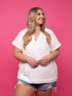 V Neck Raw Edge Top W/ Rolled Short Sleeves | S-3X -Bee Cool Store 03fe924c8b227092b89c10f42f92fe07