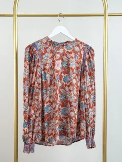 Woven Print Ruffle Neck Long Sleeve Blouse | S - 3X