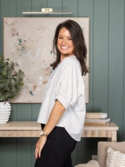 Pinstripe Seersucker Button Front 3/4 Dolman Blouse | S-2XL -Bee Cool Store 0f40be0e7ae86bc8c2df1be8f341e33e