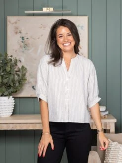 Pinstripe Seersucker Button Front 3/4 Dolman Blouse | S-2XL -Bee Cool Store 1f6eeac117dd68075bf3f21eb07c726b