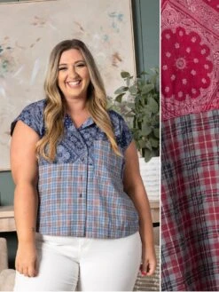 Short Sleeve Mix Print Button Up Top | S-L