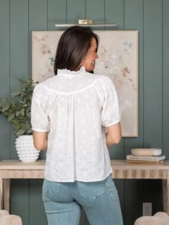 Embroidery Fabric Lightweight Button Down Mock-neckline Short Sleeves Top | S-XL -Bee Cool Store 35648bd4b3d4d1de559ebde5ceafbb99