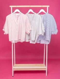 Pinstripe Seersucker Button Front 3/4 Dolman Blouse | S-2XL