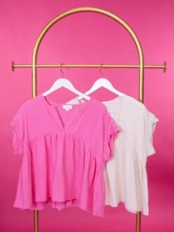 Gauze V Neck Rolled Short Sleeve Babydoll Top | S-3X