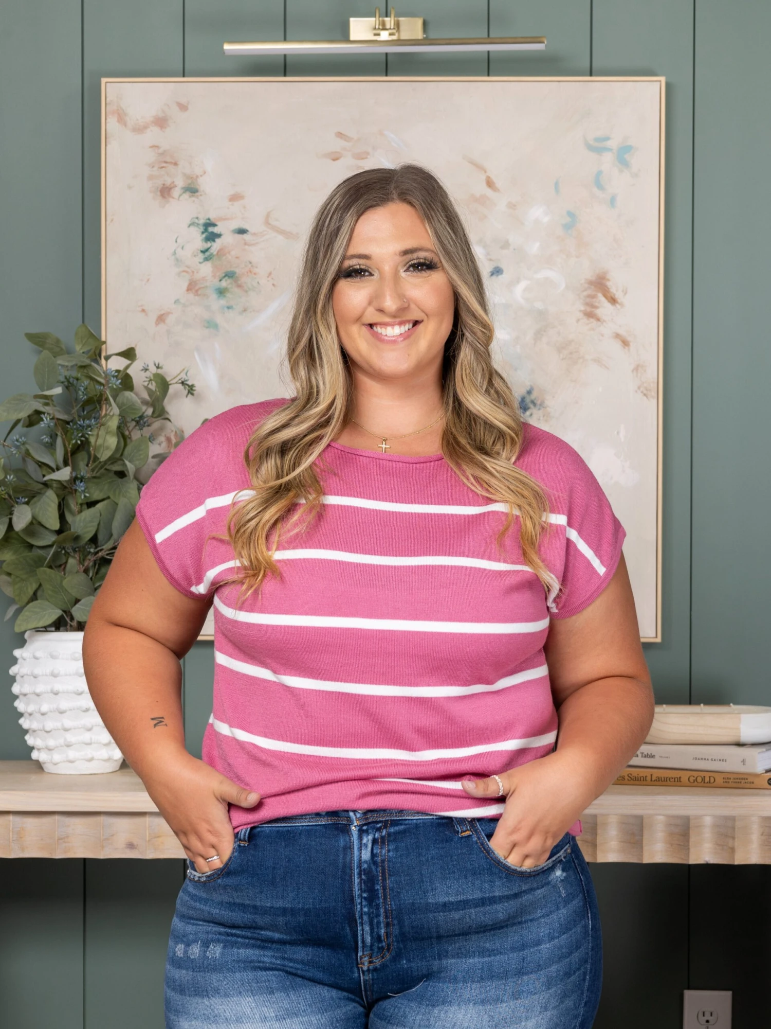 STACCATO Wide Crew Neck Short Sleeve Stripe Pullover Sweater | S-L 4 STACCATO Wide Crew Neck Short Sleeve Stripe Pullover Sweater | S-L - Image 2