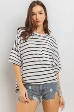 Striped Drop Shoulder High Low Tee | S - L