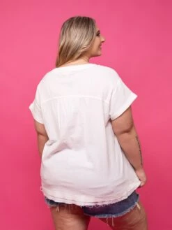 V Neck Raw Edge Top W/ Rolled Short Sleeves | S-3X -Bee Cool Store 59a3cb00db91e9c3dd6c4b79d038b63b