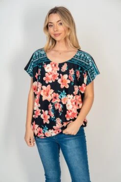 Floral Border Print Dolman Top | S - XL White Birch
