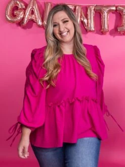 Round Neck Ruffled Waist Babydoll Top W/ Adjustable Sleeves | S-3XL