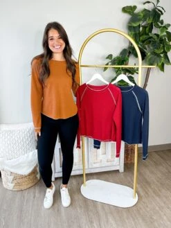 Textured Round Neck Long Sleeve Top W/ Contrasting Seams | S- XL