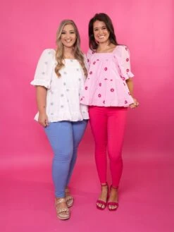 Daisy Embroidered Square Neck Balloon Sleeve Top | S - 3XL