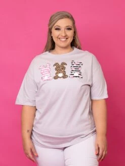 Three Trendy Bunnies Mixed Print Graphic T-Shirt | S - 2XL