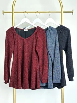 Lurex Long Sleeve V Neck Top | S-3X
