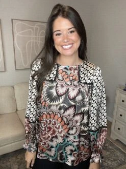 Mixed Print Long Sleeve Top | S-2X