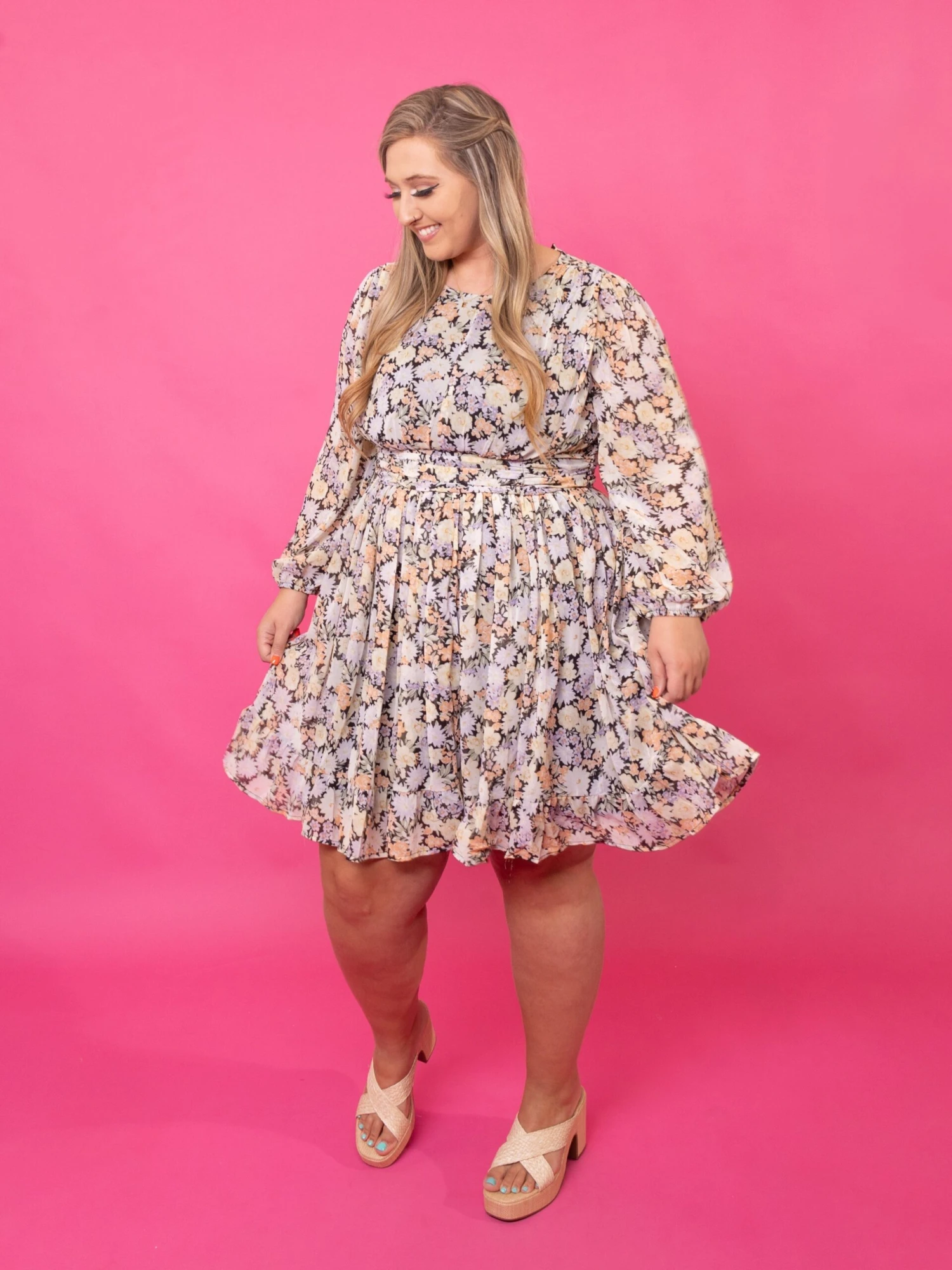 Chiffon Floral Lined Long Sleeve Midi Dress | S - 3X 3 Chiffon Floral Lined Long Sleeve Midi Dress | S - 3X