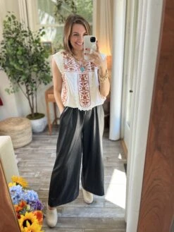 Faux Leather Elastic Waist Wide Leg Pants| S-3X