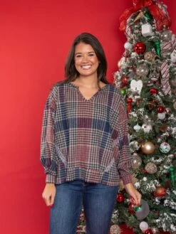 Brushed Plaid Raw Edge Long Sleeve V Neck Top | S - L -Bee Cool Store PJg32MhszQeHYaqjkKnGy7MTc6oTLRpWCcBwKXj6