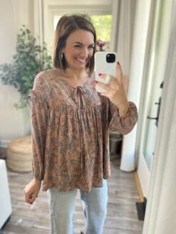 Round Neck With Tie Long Sleeve Printed Top | S - L