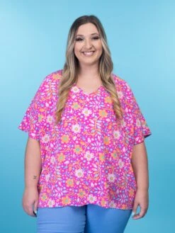 Emily Wonder Short Sleeve V-Neck Print Top | S - 3X