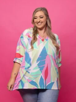 Short Sleeve Tropical Print Knit Top | S - 3X