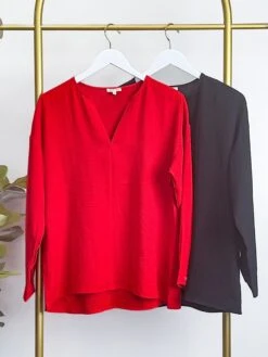 Solid Long Sleeve Split V-Neck Top | S - L