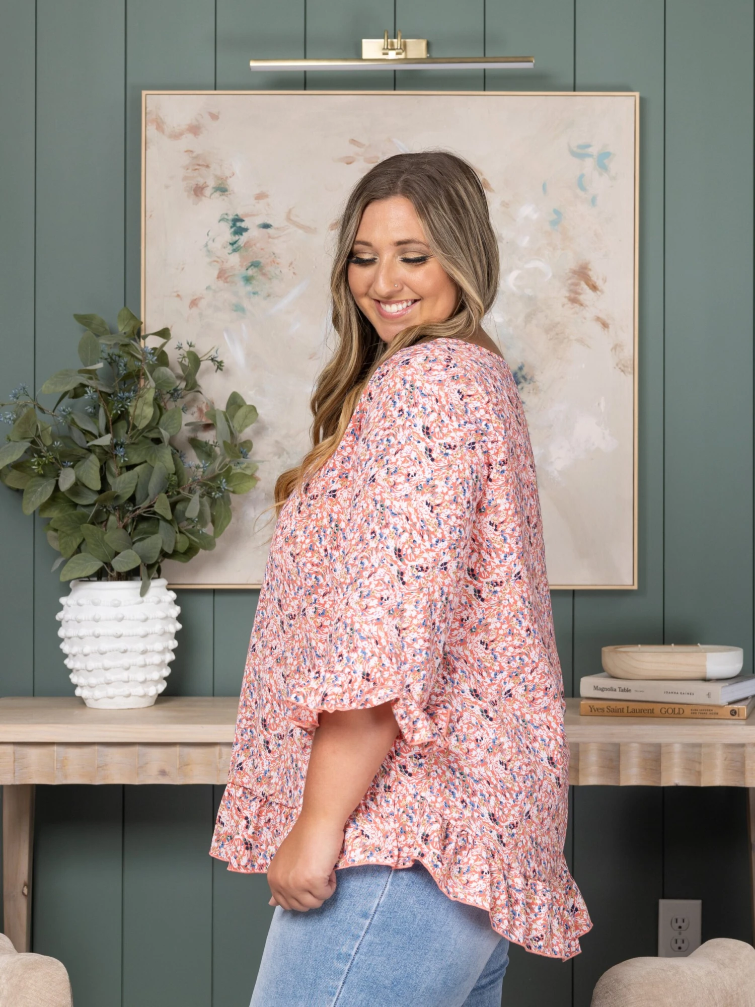 V-Neck Floral Ruffle Detailed Sleeve Top | S - 3X 5 V-Neck Floral Ruffle Detailed Sleeve Top | S - 3X - Image 3