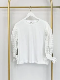 Crewneck Sheer Stripe 3/4 Sleeve Top W/ Tie Cuff | S - 3XL