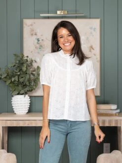 Embroidery Fabric Lightweight Button Down Mock-neckline Short Sleeves Top | S-XL