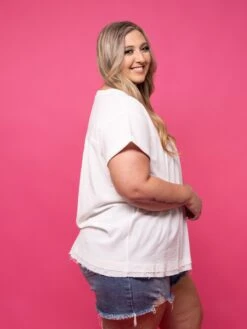 V Neck Raw Edge Top W/ Rolled Short Sleeves | S-3X -Bee Cool Store c20813e57b383b7a3d2c1292c0766949