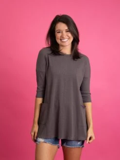 3/4 Sleeves Round Neck Ribbed Tunic Top W/ Pockets | S-XL -Bee Cool Store c24b180c37650ec771882b5410431c16