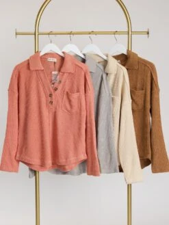 Ribbed 1/4 Button Collared Oversized Long Sleeve Top | S - 3XL