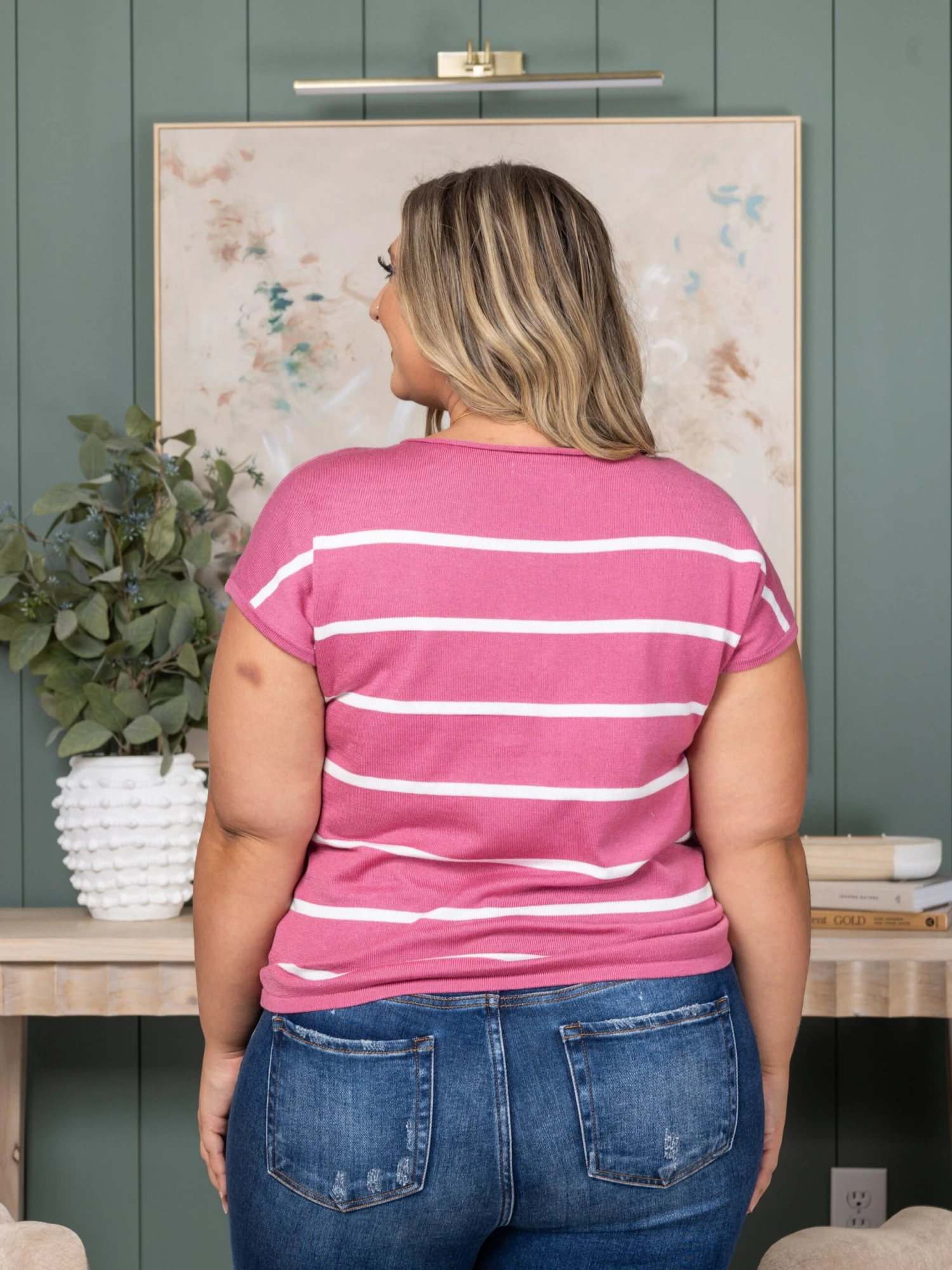 STACCATO Wide Crew Neck Short Sleeve Stripe Pullover Sweater | S-L 6 STACCATO Wide Crew Neck Short Sleeve Stripe Pullover Sweater | S-L - Image 4