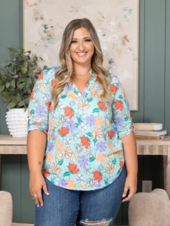 Roll Up Button Sleeve Floral Hi Low Top | S-L