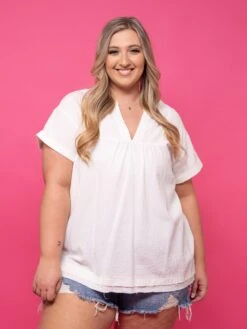 V Neck Raw Edge Top W/ Rolled Short Sleeves | S-3X -Bee Cool Store e00364d4a145bd74c4d0dde70609e710