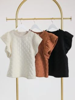 Quilted Ruffle Short Sleeve Round Neck Top | S - L