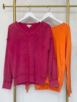 Mineral Washed Long Sleeve V Neck Top | S - XL