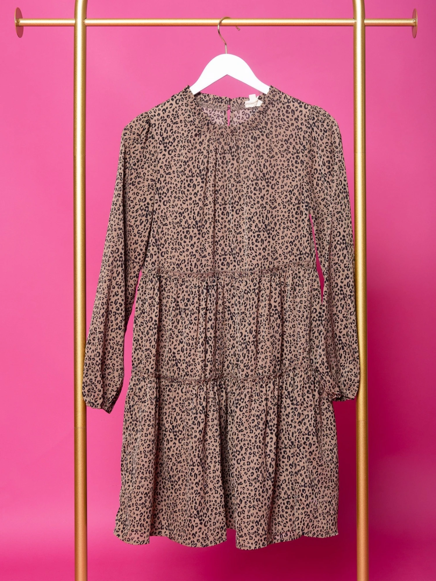 Ruffled Mock Neck Long Sleeve Tiered Leopard Print Dress | S-L 3 Ruffled Mock Neck Long Sleeve Tiered Leopard Print Dress | S-L