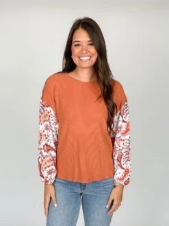 Paisley Contrast Long Bubble Sleeve Round Neck Ribbed Top | S - 2XL