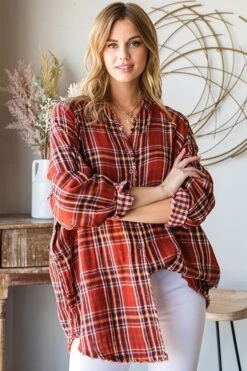 Plaid Print Banded Collar Button Down Long Shirt | S - 3X