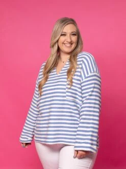 Striped Long Sleeve Split Neck Top W/ Back Buttons | 1X-3X