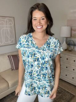 Flower Print V-Neck Cap Sleeve Top | S - L